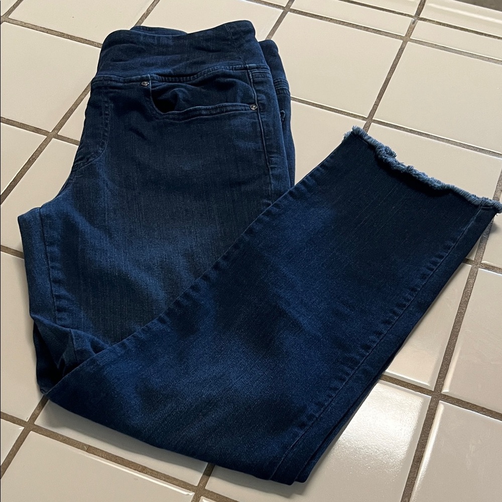 Belle Kim Gravel Pull On Dark Wash Jeans Raw Hem Size 12P